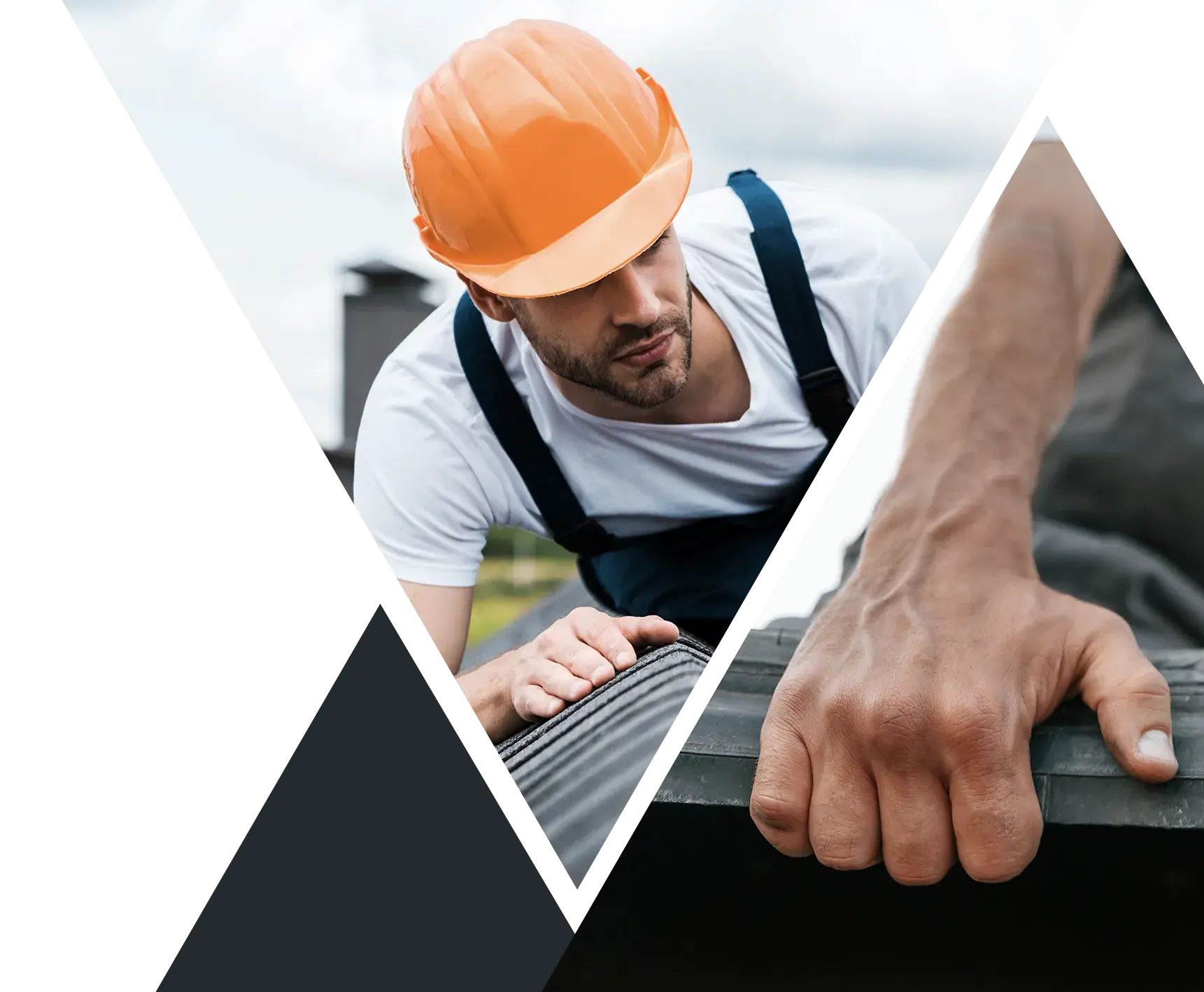 A construction worker wearing an orange safety helmet installs roofing material, with a close-up of his hand gripping the edge of the material.