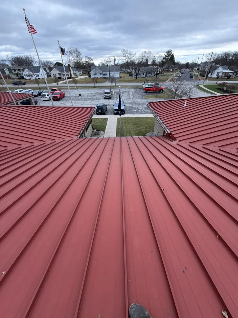 Roofing job view from red metal roof in Wapakoneta, Ohio